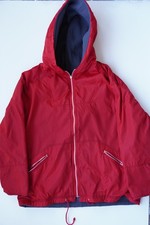 Red zip-up hooded jacket fleece-lined interior