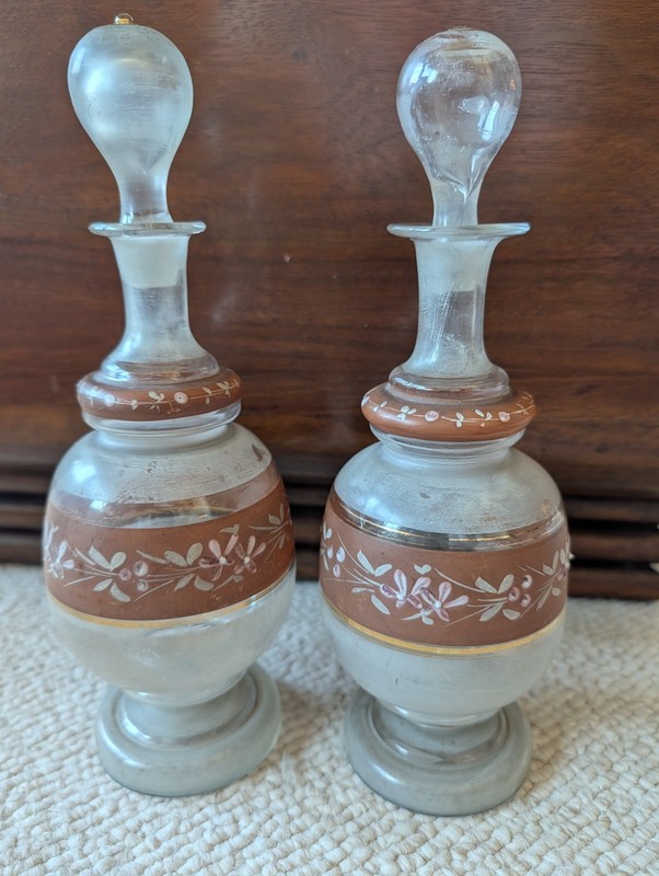 Antique/Vintage Bristol Glass Enameled decanters set of 2 9 1/2"