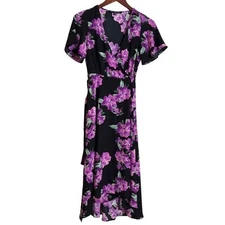 One Clothing Los Angeles Black & Purple Floral Short Sleeve True Wrap Dress XS