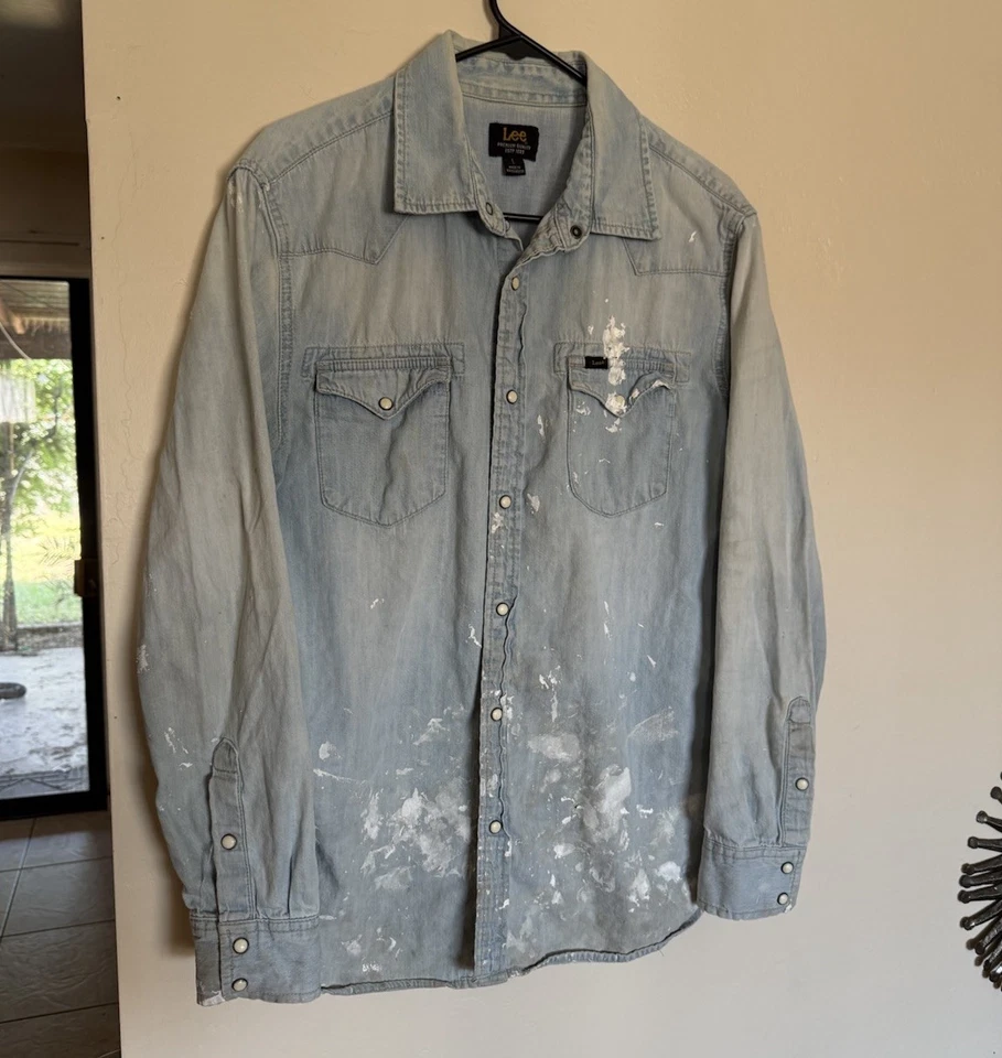 VTG Vintage Thrashed Repaired Lee Painter Denim Shirt Pearl Snap Western Size M - Image 2 of 4