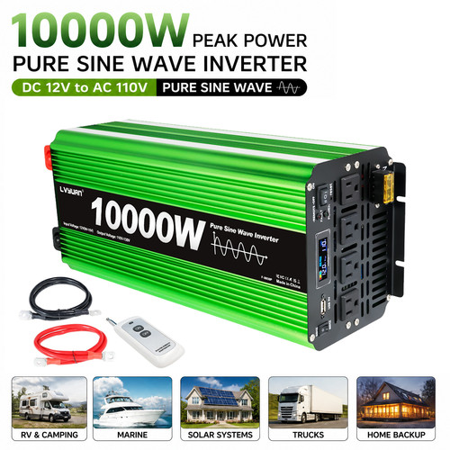 10000W Peak Pure Sine Wave Inverter 12V DC to 110V AC with LED Remote Control