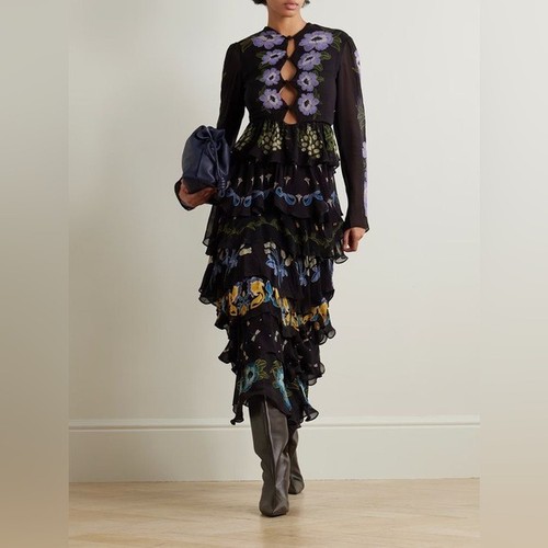 NWT Farm Rio Ruffled Tiered Printed Georgette Midi Dress Black and Purple Medium