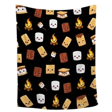 Cute S'Mores Marshmallow Cookie Blanket - Black Soft Plush Fuzzy Flannel Flee...