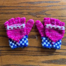 Gloves Hand Warmers Handmade Mitten Wool Fingerless Texting Pink Blue Checkers