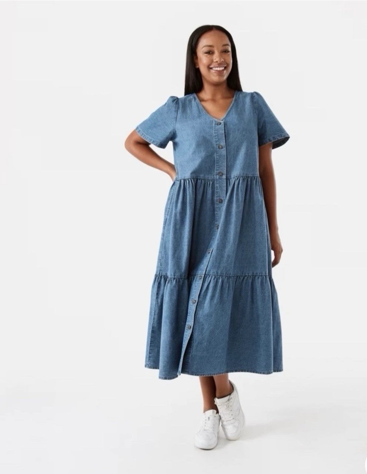 Denim Maxi Dress Size 14 Short Sleeve Tiered Pockets V-Neck