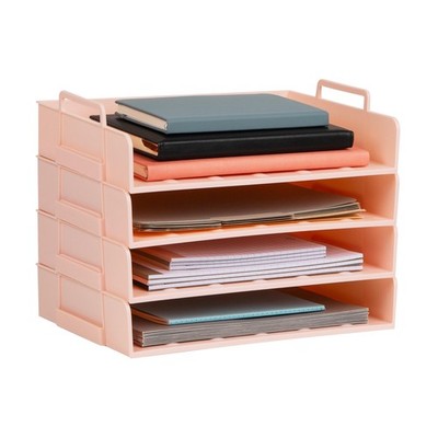 4 Pcs Stackable Paper Tray Desktop Organizer 13.75x10x10.75 Inch Pink Plastic