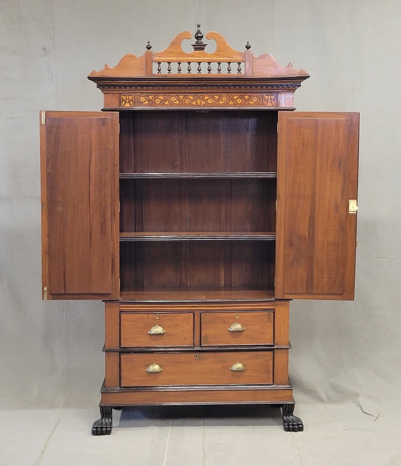 Antiguo gabinete con espejo de teca y palisandro indio anglo de 1900 con incrustaciones Foto 3 de 4