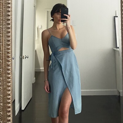 Express Cut-Out Wrap Front Denim Midi Dress Light Wash Blue Size