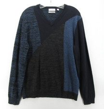 Calvin Klein Sweater Men Medium Blue Merino Wool Italian Yarn Colorblock Preppy