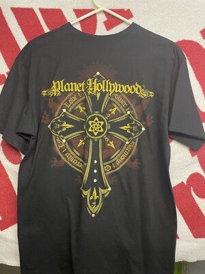 Planet Hollywod Honolulu Hawaii Vacation Souvenir Black Cross Print T Shirt Sz M