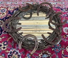 Handmade Barbed Wire Country Horse Shoe Iron & Glass Mirror Art Western