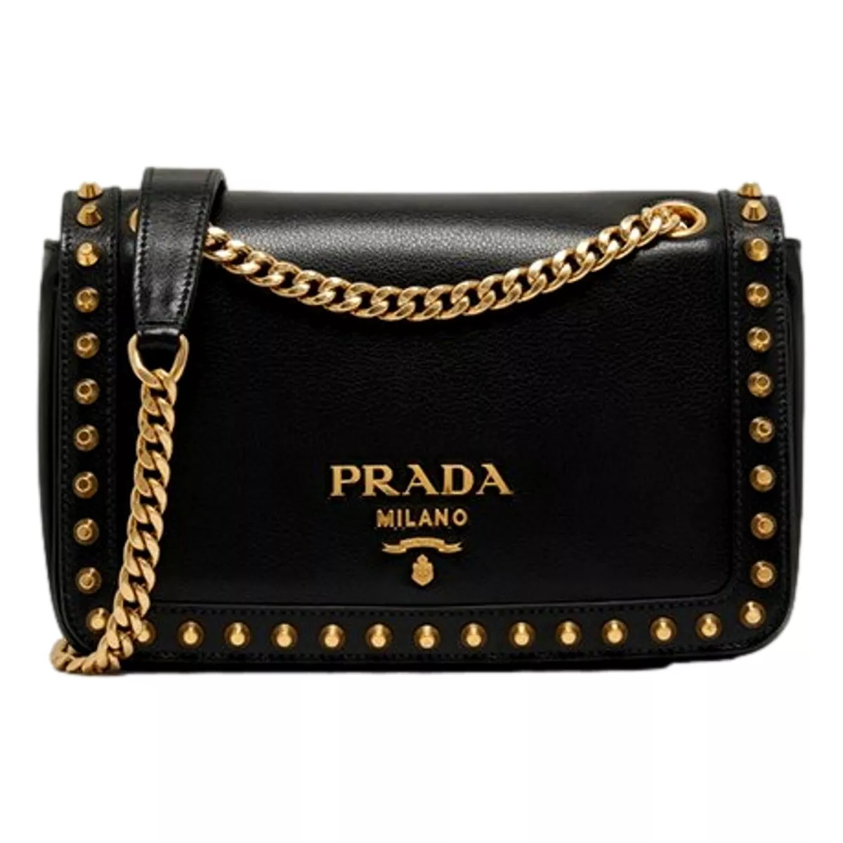 Prada Pattina Black Calf Leather Studded Flap Chain Crossbody Bag New