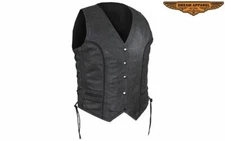 Women's Motorcycle Vest Gray Leather, Button Closure Lace Sides Long Length Cut