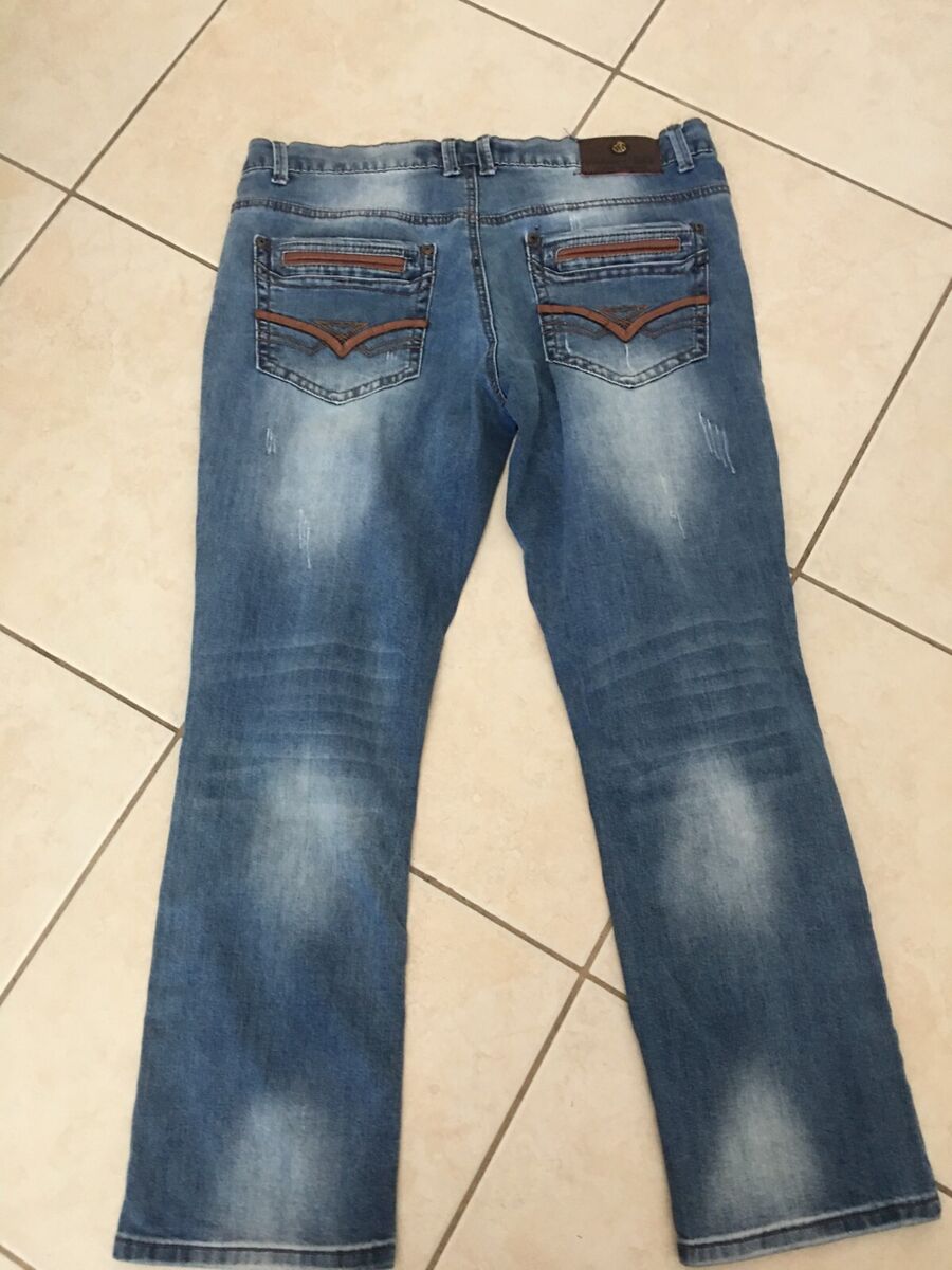 Franky Max Jeans Mens Size 36 x 30 Blue Denim Pants Studs Leather on Pockets