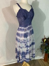 Vtg 80-90s Full Slip Nightly Dress Purple White Tie Dye Lace Accents Flowing M