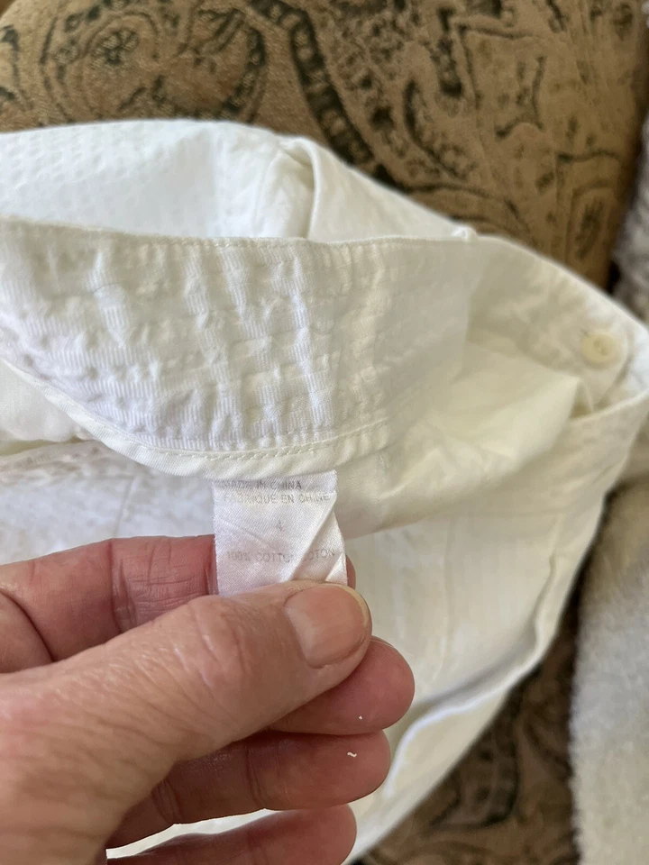 Pantalones Cortos Chinos Para Mujer THEORY Marfil Seersucker Algodón Frente Plano Talla 4 Foto 4 de 4