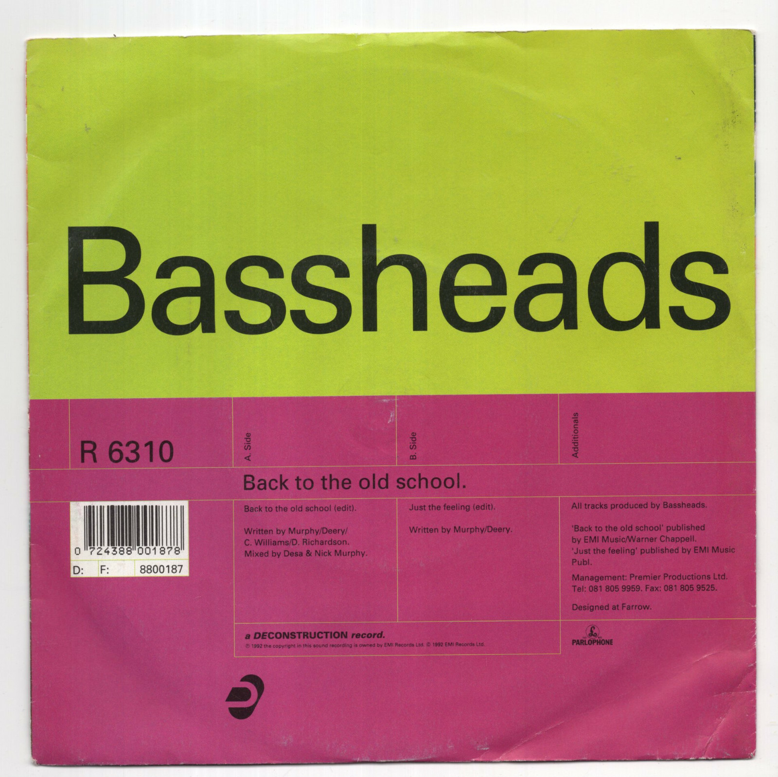 (T67) Bassheads, Back To The Old School - 1992 - 7 inch vinyl