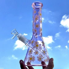 10 Inch Pink Daisy Glass Bong, Water Smoking Pipe with Percolator Bubbler New