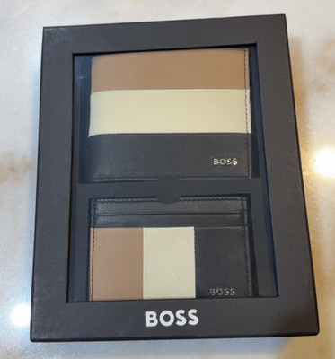 HUGO BOSS men's Leather WALLET SET Bi-fold + Credit Card holder Multi Color NEW