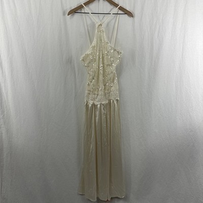 Shein Bae Ivory Satin Lace Sheer Halter Maxi Dress Womens Sz 2 Bridal Feminine