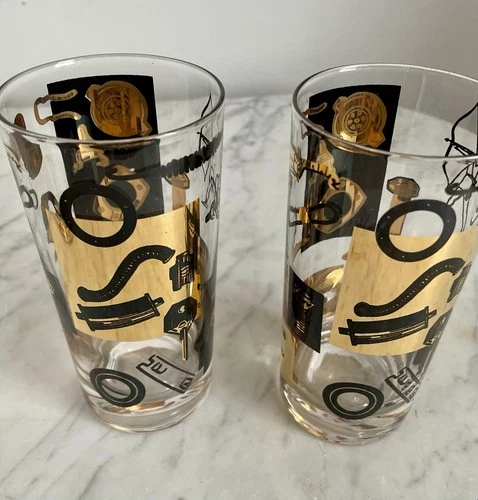 Rare Vtg Automotive Bar Glasses Set Of 2 Gold/Black Mid Century