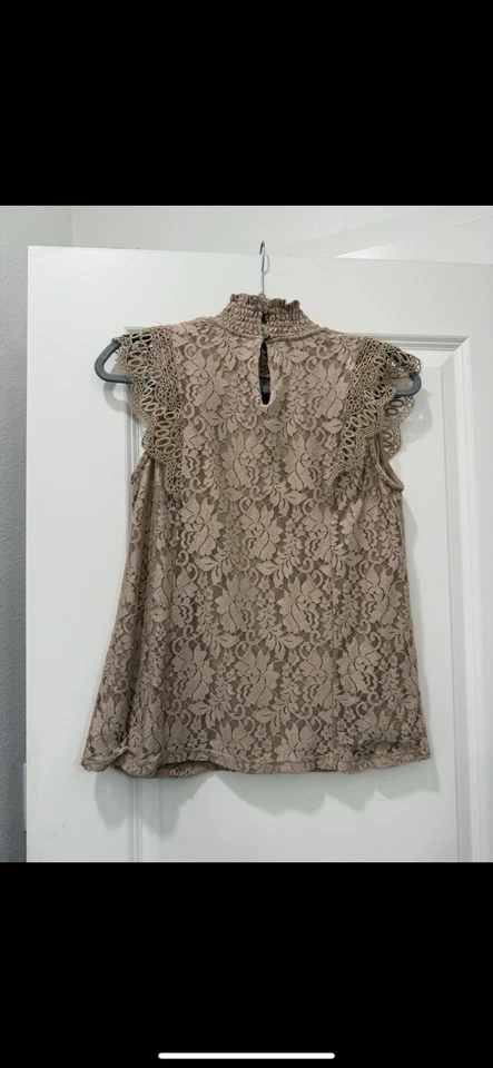 Blusa de ganchillo de encaje tostado para mujer sin mangas cuello alto forrada talla M elegante L Foto 3 de 3