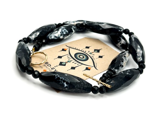 Black & White Dragon Vein Agate Semi-precious Necklace Faceted Black Chalcedony