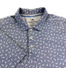 Tommy Bahama Men Performance Short Sleeve Gray AOP Marlin Logo Polo Shirt Large