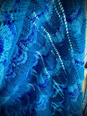 Handmade Knit Throw Blanket Turquoise Blue Scallop Wave Afghan 36x60 Boho