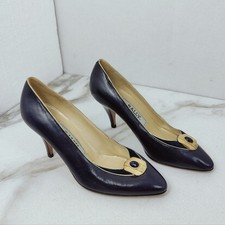 VTG Bally Navy Gold Tone Leather Pumps Heels, Sz 5.5