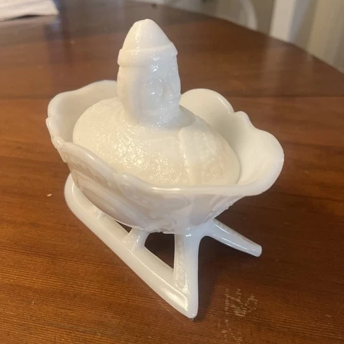 Rare Christmas Antique Milk Glass Santa Claus Candy Dish Vintage