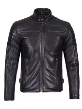 Men s Black Genuine Leather Biker Jacket Quilted Shoulder Moto Slim Fit