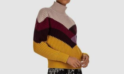 $395 ba&sh Women's Pink Yellow High-Neck Chunky-Knit Long-Sleeve Wool Sweater M