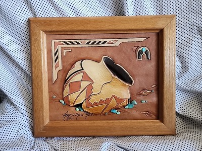 Southwest Art by Roger & Marie Kull framed 3D leather and turquoise. Signed