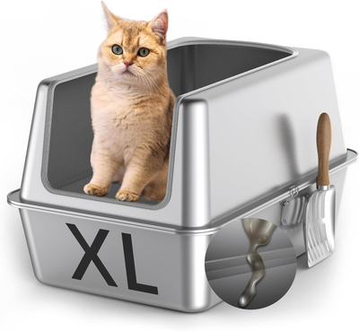 2 Pack XL Stainless Steel Cat Litter Box With Lid - Extra Large For Big Cats, High Sided & Easy Clean