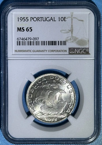 Portugal 1955 Silver 10 Escudos ChBU Coin Sailing Ship NGC MS 65 KM# 586