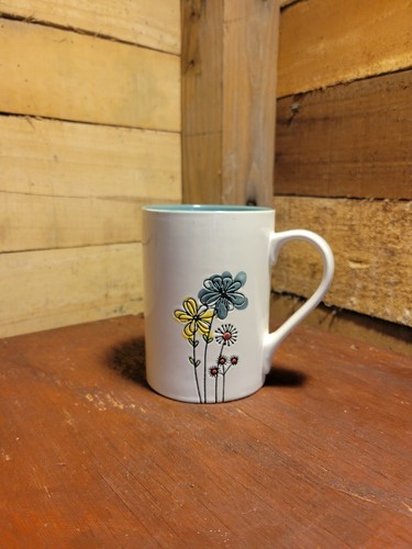 Gorgeous Oversized Mug White W/ Embossed Handpainted Wild Flowers, Teal Inside - Picture 2 of 12