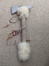 Native Tribal Style Hatchet Tomahawk Hand Crafted Metal Leather Fur Beads 14"