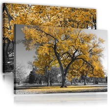 Mustard Grey Black Canvas Wall Art - Trees Leaves Blossom - Set of 2 Pictures