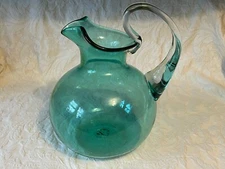 Wayne Husted Blenko Teal Ball Pitcher Clear Glass Handle, Mid Century Modern MCM