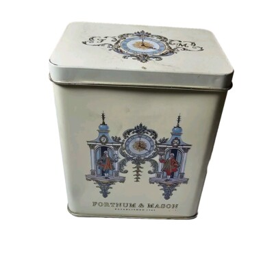 Fortnum & Mason Tea Tin VTG Clock And Frock Motif  Blue Red Cream Hinged 6''x4''