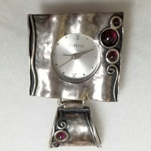 Vintage 925 Antiqued Sterling Silver Shablool Isreal Pendant Watch w Red Garnets - Picture 2 of 11