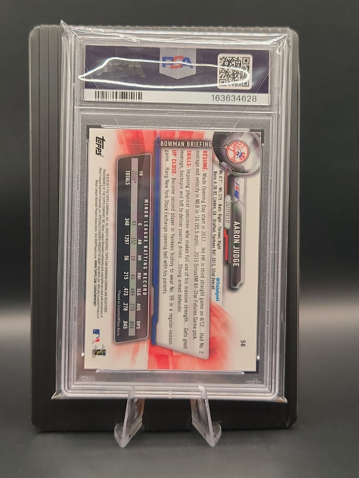 2017 Bowman Chrome Aaron Judge #56 Batting Rookie PSA 9 Yankees view 2
