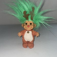 Russ Berrie Vintage Reindeer Christmas Troll Doll w Green Hair Red Nose Bell