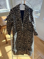 Express Women's Leopard Print Long Overcoat Button Pockets Size M Beige Brown