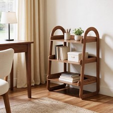 3-Tier Pine Wood Ladder Shelf, Freestanding Storage Organizer with Guards and
