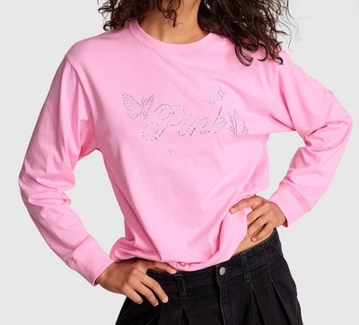 VS PINK BLING BUTTERFLY LIMITED EDITION LONG SLEEVE CAMPUS COTTON TEE (SMALL) - Image 1 of 4