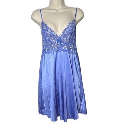 Petra Fashions Women's Blue Nylon Lace Trim Babydoll Nightgown Made in USA M