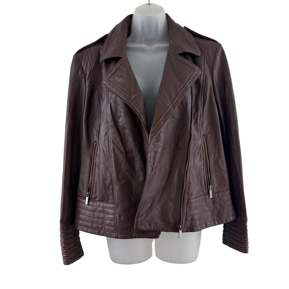 Badgley Mischka Jacket Womens XL Brown Burgundy Gia Lamb Leather Moto Biker - Image 3 of 4