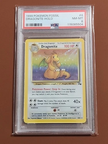 1999 Pokémon TCG Dragonite Fossil Holo Card 4/62 PSA 8